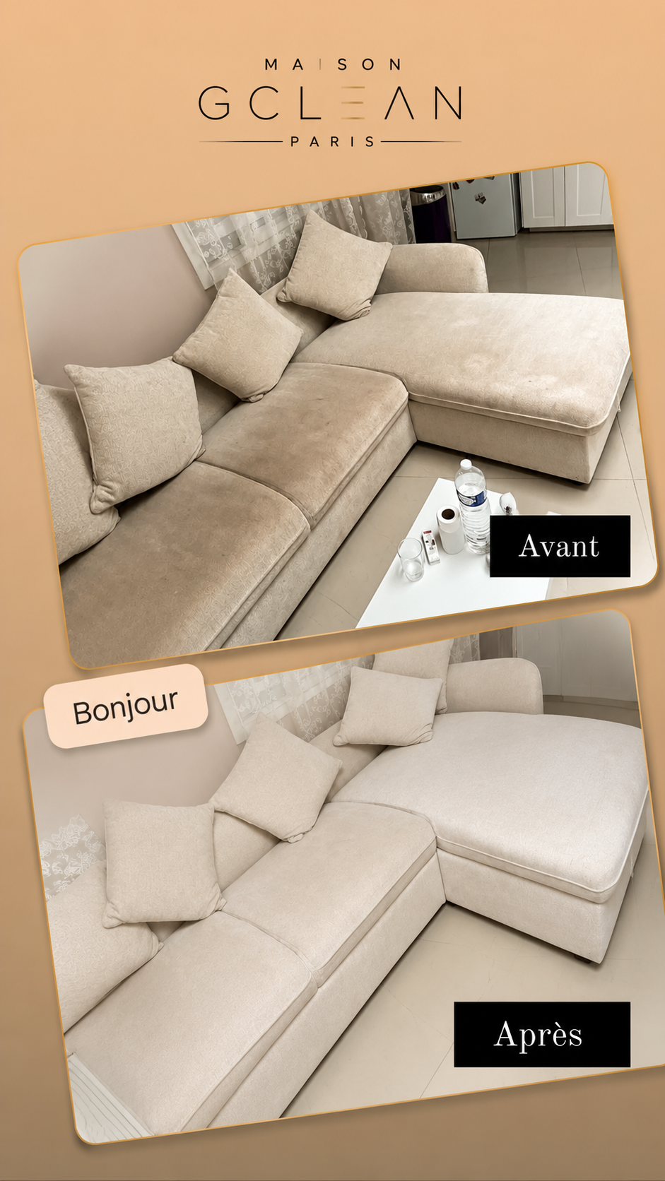 Canapé d'angle beige — avant / après par Maison G Clean Paris à Levallois-Perret