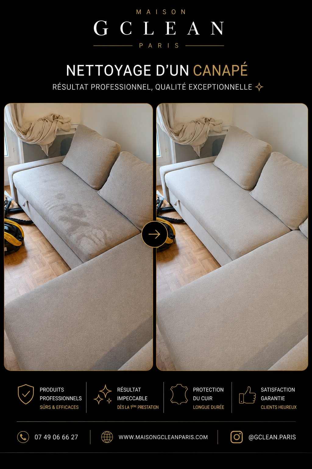 Canapé d'angle tissu — avant / après par Maison G Clean Paris à Paris 16ᵉ