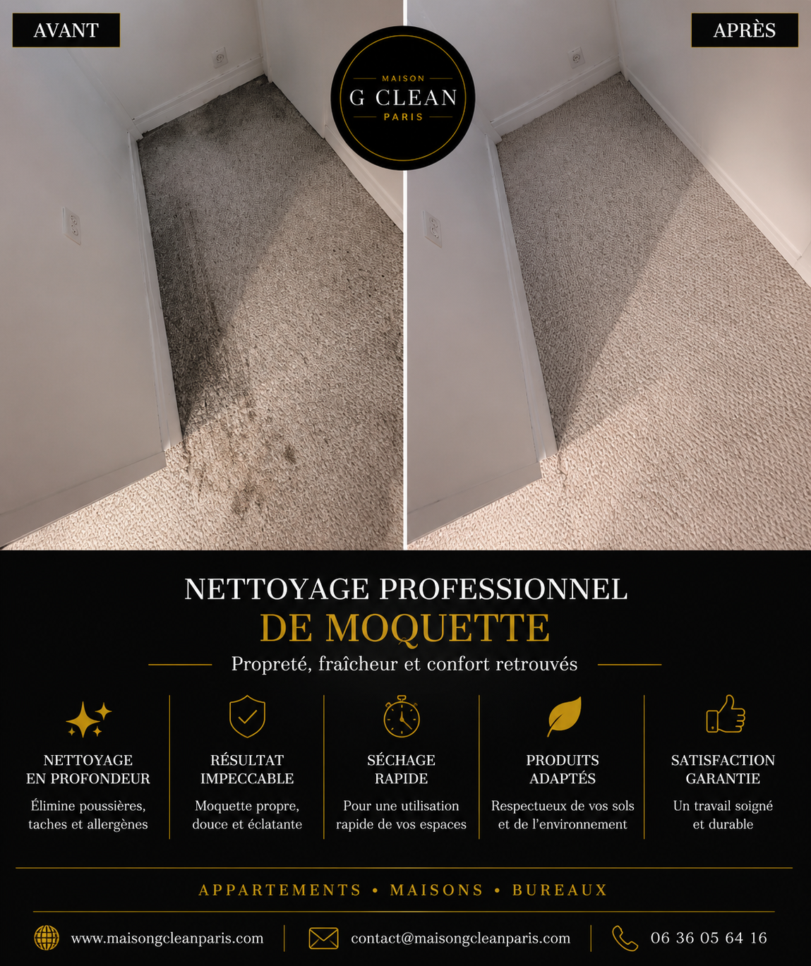 Moquette d'appartement — avant / après par Maison G Clean Paris à Paris 17ᵉ