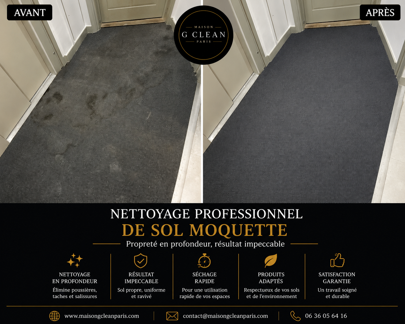 Moquette de couloir — avant / après par Maison G Clean Paris à Paris 8ᵉ