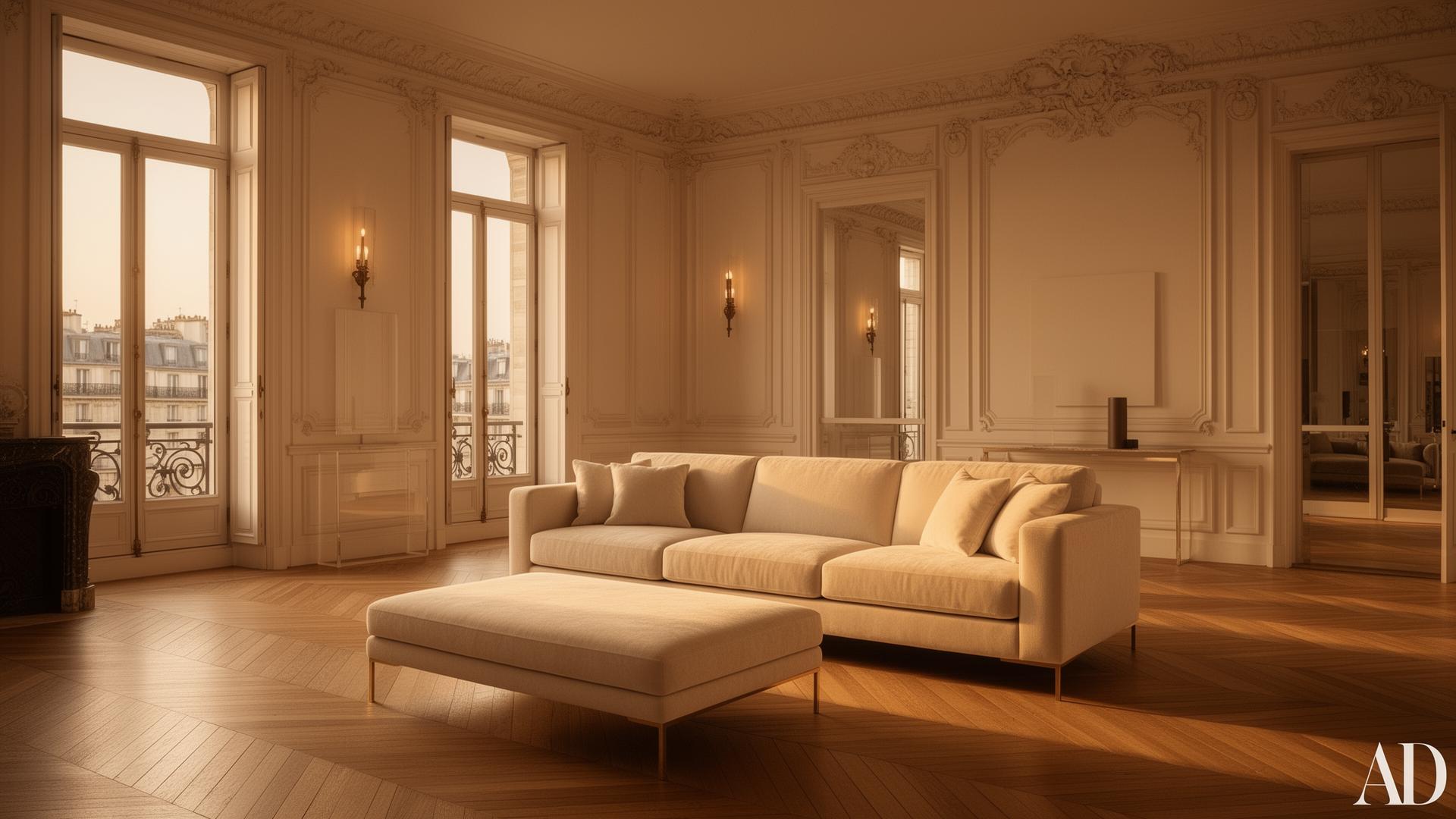 Salon haut de gamme avec canapé clair après nettoyage Maison G Clean